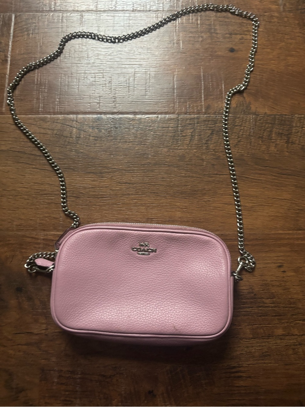 Coach Pink Pebbled Leather Crossbody with Silver Chain Strap